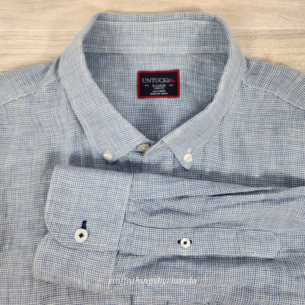 UNTUCKit Shirt Mens 100% Linen Blue Microcheck LS Button Down - XL Slim Fit